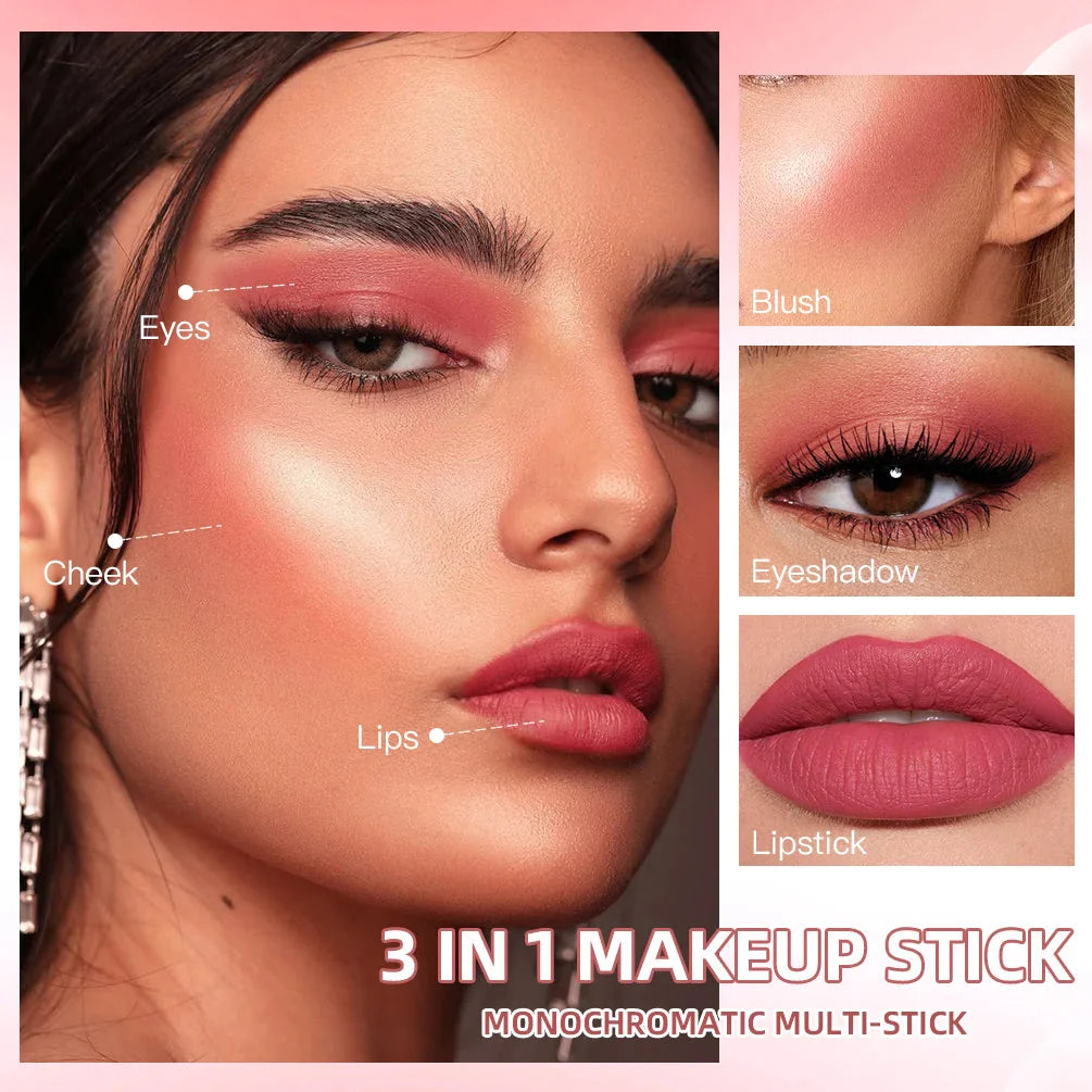 3-in-1 Cheek Blush Stick Lip Tinted Eyes Cheek Lips Brighten Cream Water-resistant Moisturizing Face Contouring Shadow Blusher-2